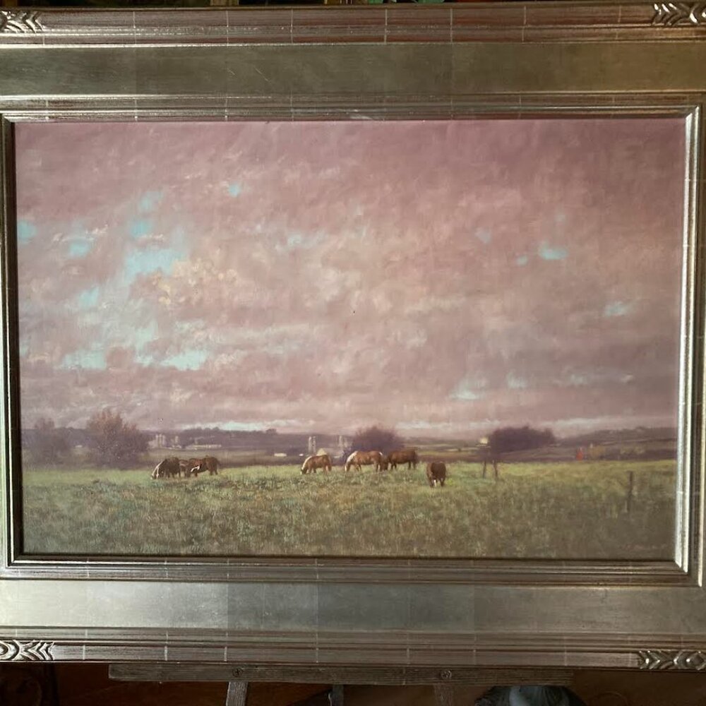 Antique oil painting Raymond L Knaub " HORSE PASTURE " American Artist Signed